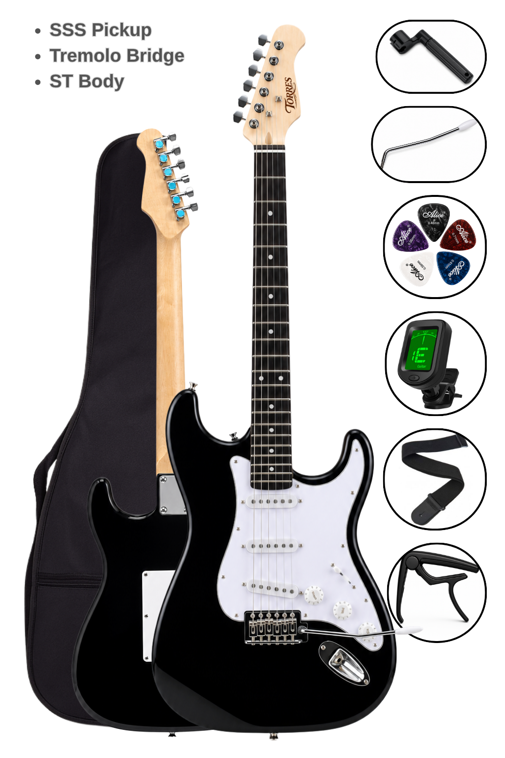 Torres ST-40BK Elektro Gitar SSS Tremolo Stratocaster Siyah