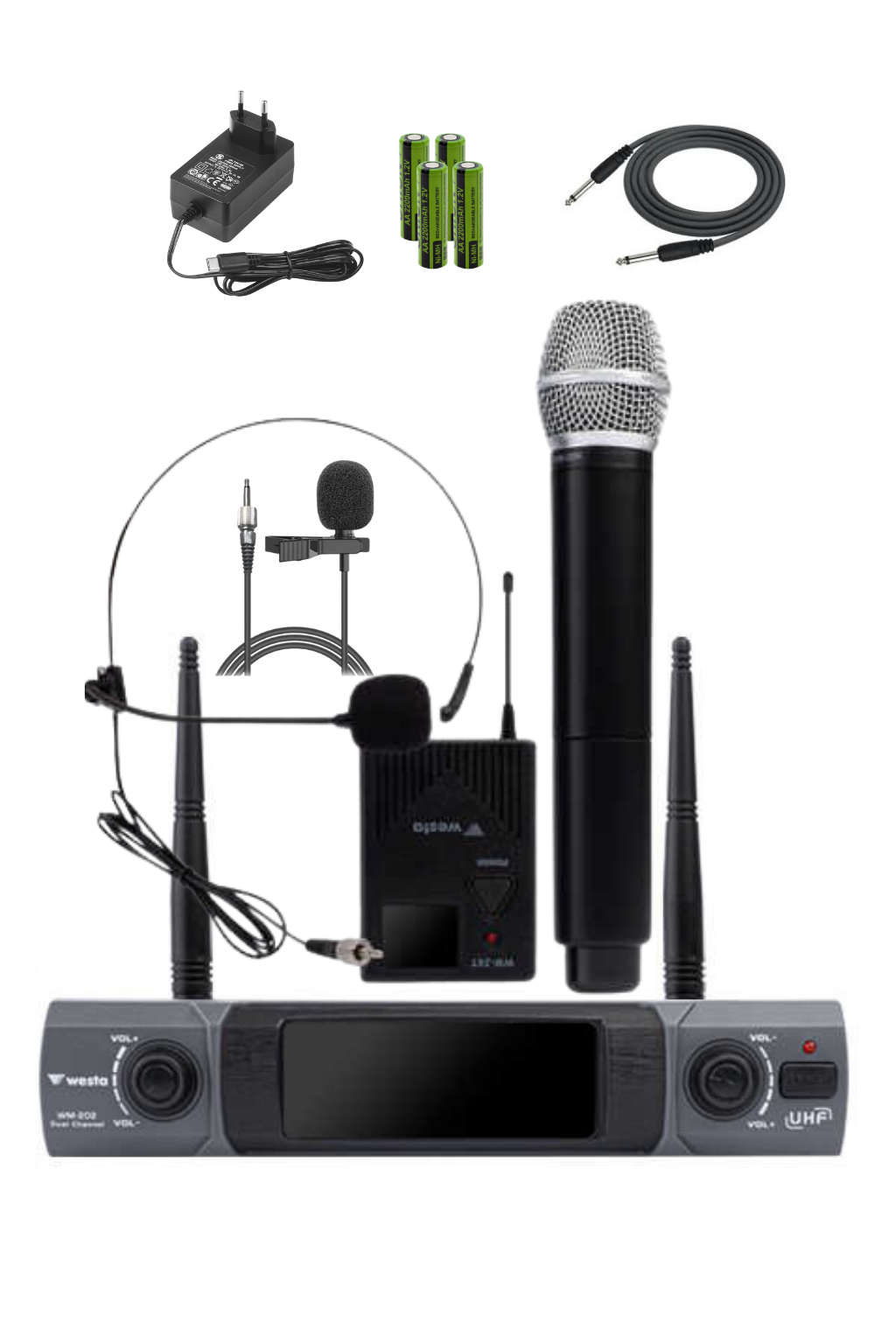 Westa WM-202HT Çift Telsiz Mikrofon Seti 1 El + 1 Yaka/Headset Kablosuz Mikrofon