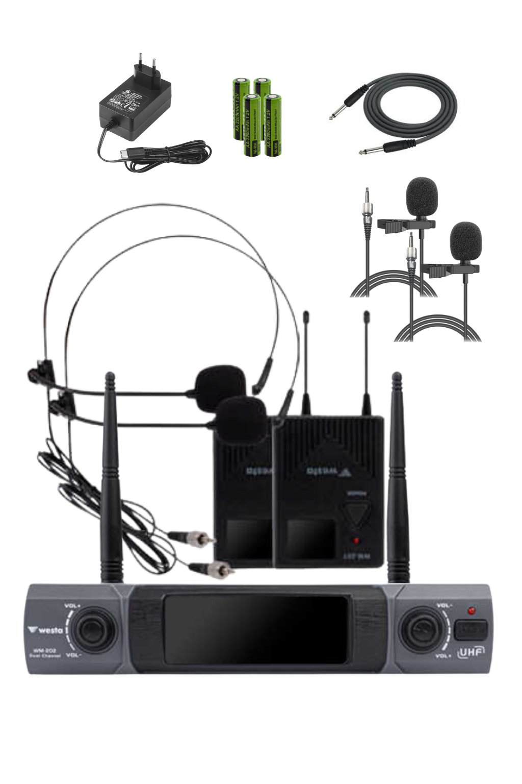 Westa WM-202T Çift Yaka+Headset Telsiz Mikrofon Seti (2 Yaka + 2 Headset) Kablosuz Mikrofon