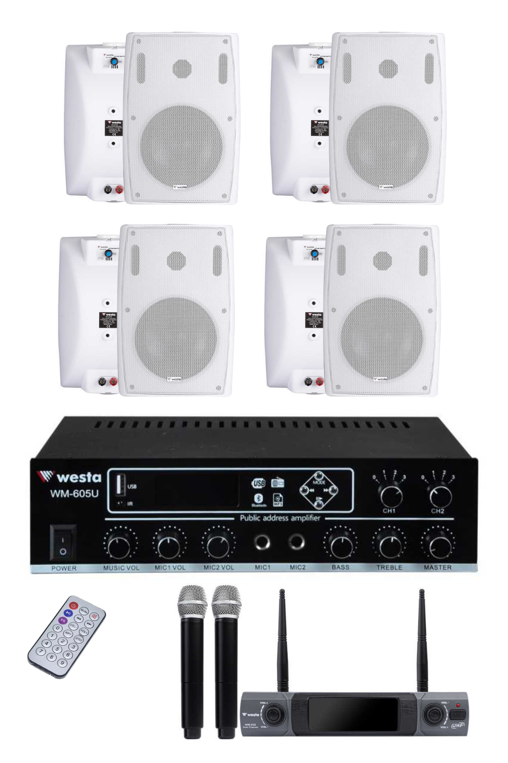 WS-4WH-DM Kablosuz Mikrofonlu Ses Sistemi | 4 Hoparlörlü Amfi Seti