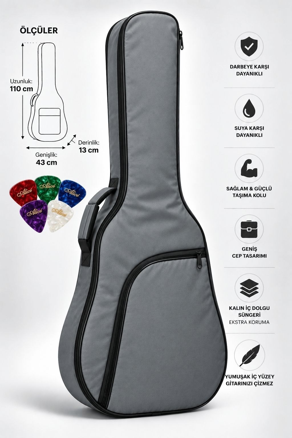 Yankı AGC-42GR Gri Akustik Gitar Kılıfı Kalın Pedli Suya Dayanıklı Softcase