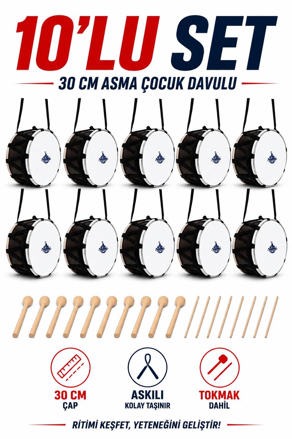 Yankı CD-30 Asma Çocuk Davulu 30 cm 10 lu Set Tokmak ve Baget Dahil Okul Etkinlik ve Ritim Davulu