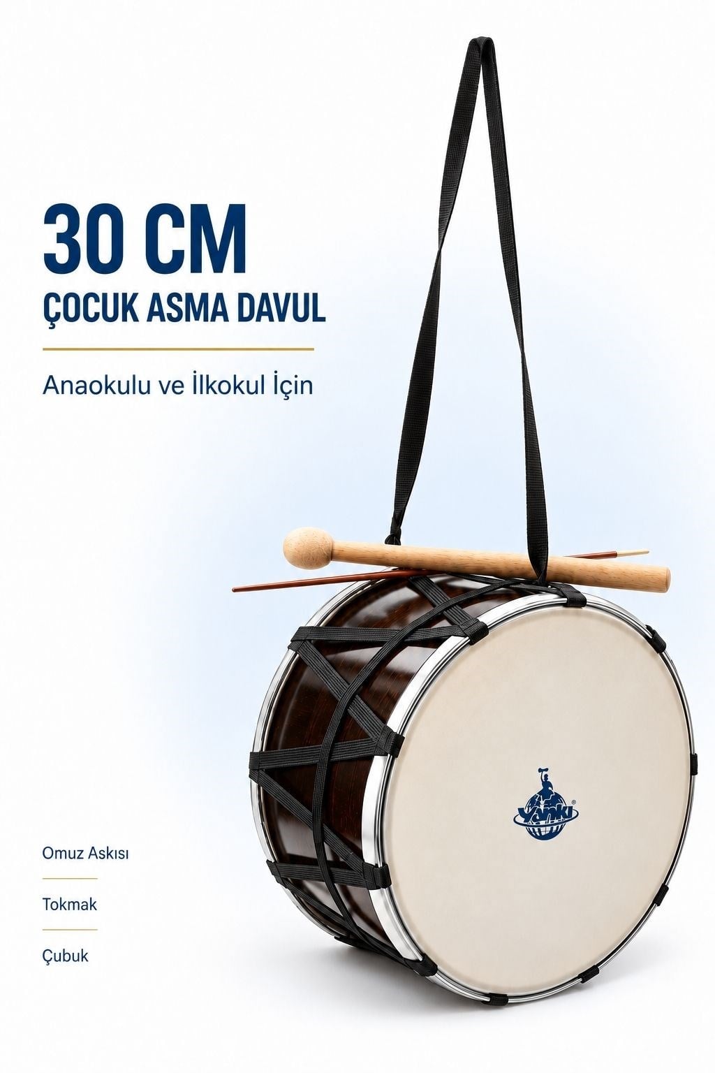 Yankı CD-30 Çocuk Asma Davul 30cm - El Yapımı, Dayanıklı Deri (Tokmak ve Çubuk Dahil)