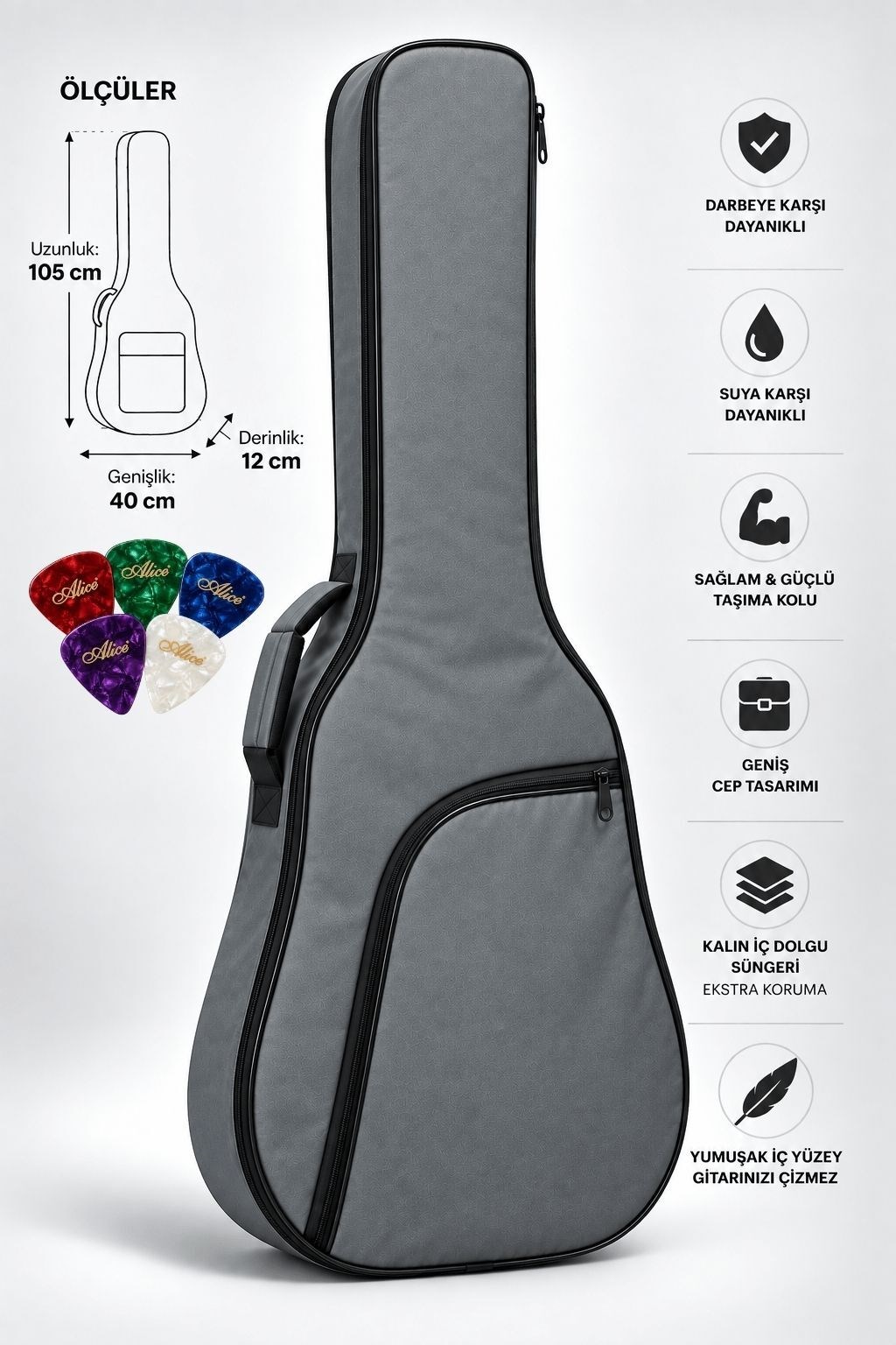 Yankı KGC-40GR Gri Klasik Gitar Kılıfı Kalın Pedli Suya Dayanıklı Softcase