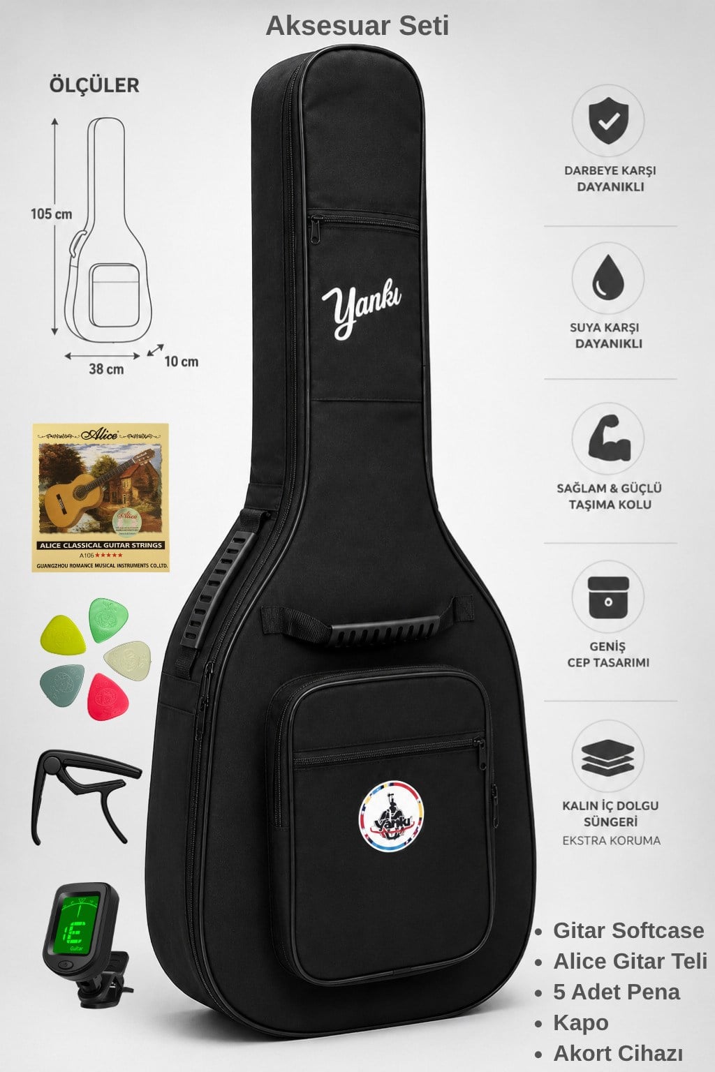Yankı KGS-5 Klasik Gitar Kılıfı Softcase Seti Gitar Teli Akort Cihazı Kapo ve 5 Pena Hediyeli