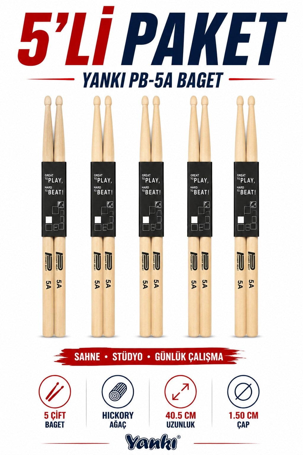 Yankı Powerbeat 5A Hickory Bateri Bageti 5 Çift Paket Profesyonel Davul Bageti