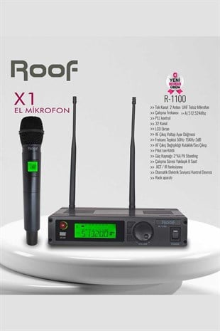 Roof R-1100E UHF Telsiz El Mikrofonu Tek Kanal Kablosuz Mikrofon 32 Kanal LCD Ekran