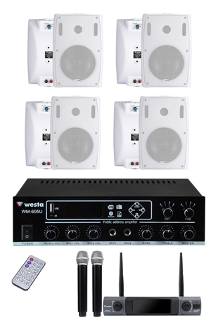 WS-6WH-DM 6lı Ses Sistemi + Çift Kablosuz Mikrofon | Amfi + Duvar Hoparlör