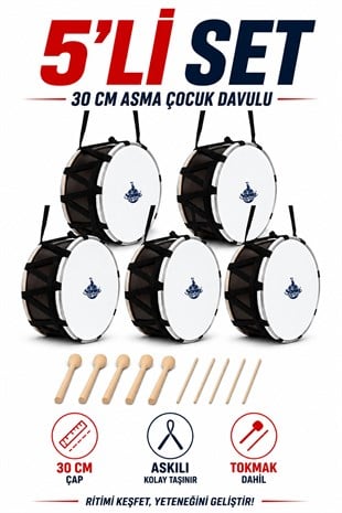 Yankı CD-30 Asma Çocuk Davul 5li Set - 30cm Davul Tokmak ve Çubuk Dahil