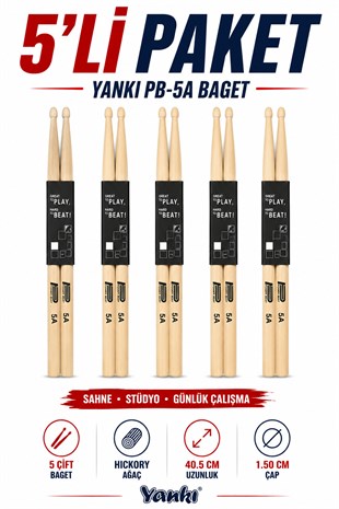 Yankı Powerbeat 5A Hickory Bateri Bageti 5 Çift Paket Profesyonel Davul Bageti