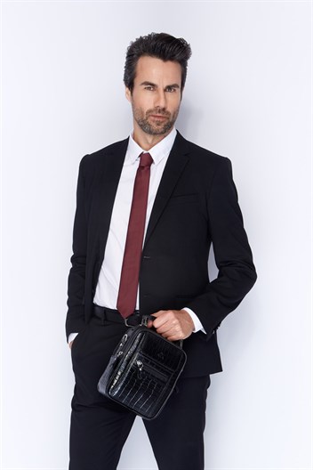 Siyah Timsah Desenli - Deri Portföy Çantası 395