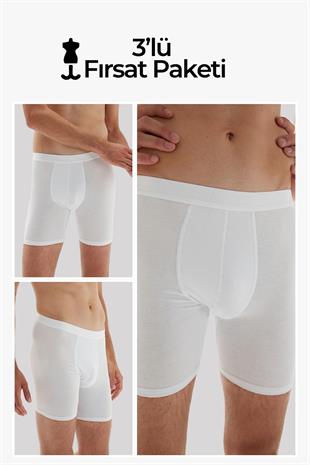 Weweus Beyaz 3lü Erkek Süper İnce Doğal Bambu Lüks Uzun Boxer 1013