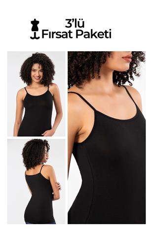 Weweus Siyah 3lü Bayan Süper İnce Doğal Bambu Lüks İp Askılı Atlet Tshirt Body  2310