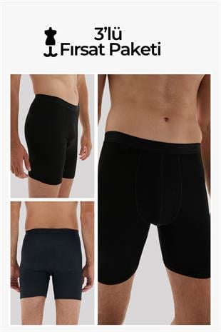 Weweus Siyah 3lü Erkek Süper İnce Doğal Bambu Lüks Uzun Boxer 1013