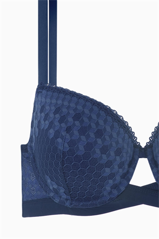 Çapraz Lastik Detaylı Dantelli Dekolte Sütyen - Double Push Up - Fashion - 2510 - Mavi