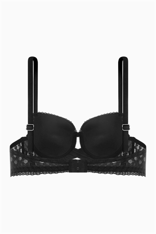 Çapraz Lastik Detaylı Dantelli Dekolte Sütyen  - Dolgusuz - Fashion - 2511 - Siyah
