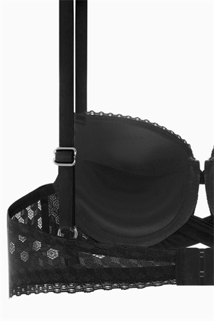 Çapraz Lastik Detaylı Dantelli Dekolte Sütyen - Double Push Up - Fashion - 2510 - Siyah