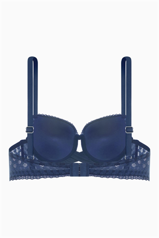 Çapraz Lastik Detaylı Dantelli Dekolte Sütyen  - Dolgusuz - Fashion - 2511 - Mavi