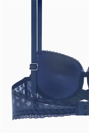 Çapraz Lastik Detaylı Dantelli Dekolte Sütyen  - Dolgusuz - Fashion - 2511 - Mavi