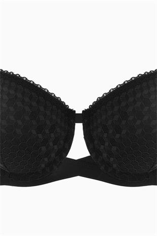 Çapraz Lastik Detaylı Dantelli Dekolte Sütyen  - Dolgusuz - Fashion - 2511 - Siyah
