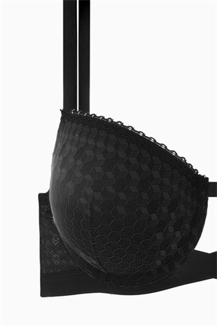 Çapraz Lastik Detaylı Dantelli Dekolte Sütyen - Double Push Up - Fashion - 2510 - Siyah