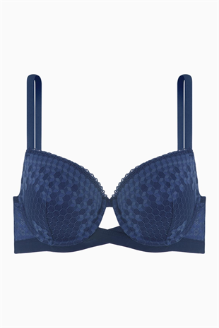 Çapraz Lastik Detaylı Dantelli Dekolte Sütyen - Double Push Up - Fashion - 2510 - Mavi