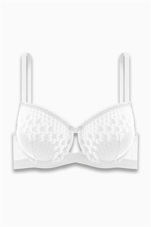 Çapraz Lastik Detaylı Dantelli Dekolte Sütyen - Double Push Up - Fashion - 2510 - Ekru
