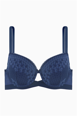 Çapraz Lastik Detaylı Dantelli Dekolte Sütyen  - Dolgusuz - Fashion - 2511 - Mavi