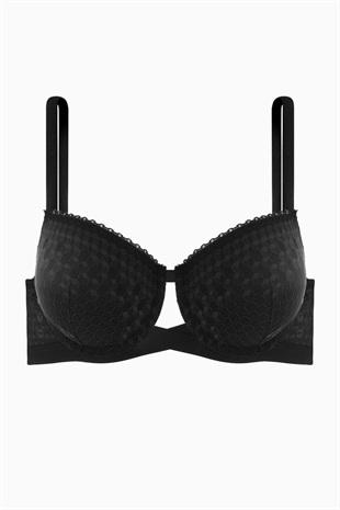 Çapraz Lastik Detaylı Dantelli Dekolte Sütyen - Double Push Up - Fashion - 2510 - Siyah