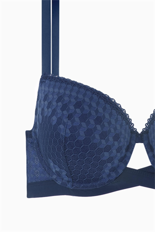 Çapraz Lastik Detaylı Dantelli Dekolte Sütyen  - Dolgusuz - Fashion - 2511 - Mavi
