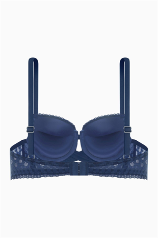 Çapraz Lastik Detaylı Dantelli Dekolte Sütyen - Double Push Up - Fashion - 2510 - Mavi