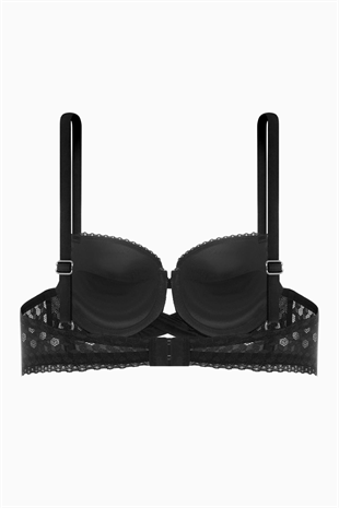 Çapraz Lastik Detaylı Dantelli Dekolte Sütyen - Double Push Up - Fashion - 2510 - Siyah