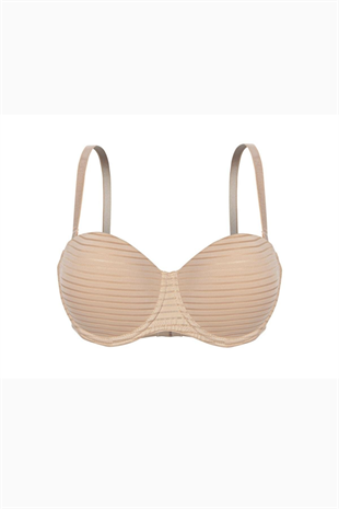 Çizgili Kumaş Straplez Sütyen - Push Up, Dolgulu - 2512 - Açık Kahve