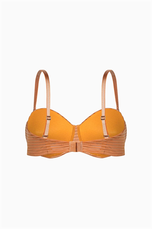 Çizgili Kumaş Straplez Sütyen - Push Up, Dolgulu - 2512 - Hardal