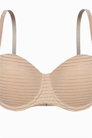 Çizgili Kumaş Straplez Sütyen - Push Up, Dolgulu - 2512 - Açık Kahve