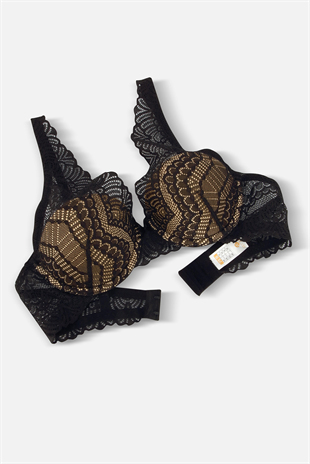 Dantelli Sütyen - Dolgusuz - 2277 - Siyah Kap Rengi Taş