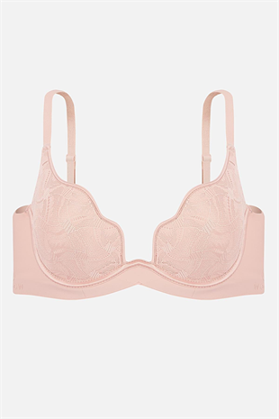İstiridye Dantelli  Weweus Baskılı Sütyen-Desteksiz Dolgusuz Balenli-2822-Pudra