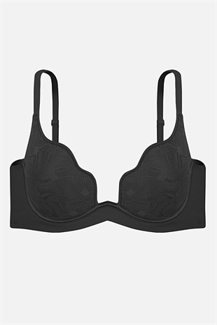 İstiridye Dantelli  Weweus Baskılı Sütyen-Desteksiz Dolgusuz Balenli-2822-Siyah
