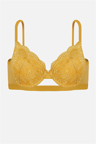 Lenny Tül Detaylı Dantelli Sütyen - Balenli, Dolgusuz - 2321 - Hardal