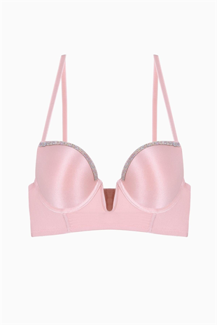 Lirio Taş Detaylı Dekolte Büstiyer Sütyen - Dolgulu - 2574 - Pembe