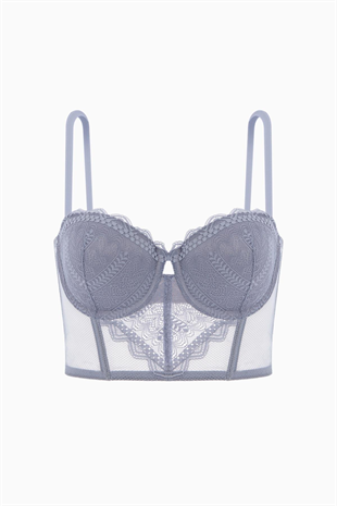 Rosali Dantelli Büstiyer Sütyen - Soft Push Up, Dolgulu  - Fashion - 2501 - Gri