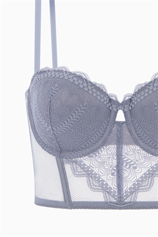 Rosali Dantelli Büstiyer Sütyen - Soft Push Up, Dolgulu  - Fashion - 2501 - Gri