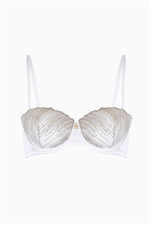 Simli Nakışlı Tül Sütyen - Kapsız, Dolgusuz - Fashion - 2584 - Ekru