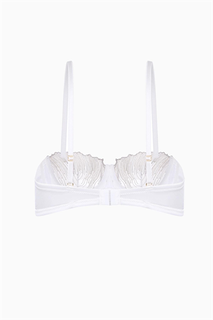 Simli Nakışlı Tül Sütyen - Kapsız, Dolgusuz - Fashion - 2584 - Ekru