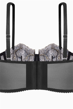 Simli Tül Brodeli Büstiyer Sütyen  - Kapsız - Fashion - 2586 - Siyah