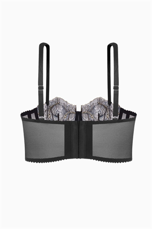 Simli Tül Brodeli Büstiyer Sütyen  - Kapsız - Fashion - 2586 - Siyah