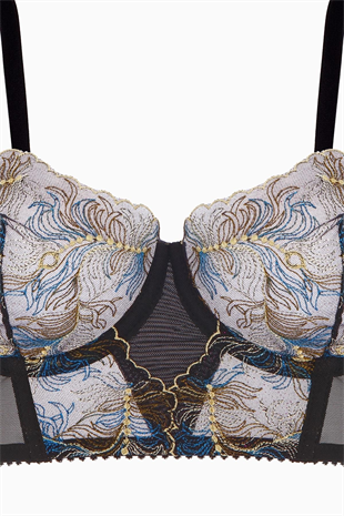 Simli Tül Brodeli Büstiyer Sütyen  - Kapsız - Fashion - 2586 - Siyah