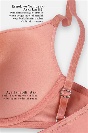 Weweus Eva - T shirt Bra Dolgusuz Maksimum Kavrama ve Kusursuz Form - Sabit Kalın Askı - Gül Kurusu - 2531