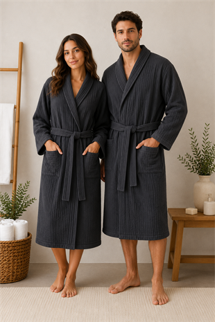ÇetHome Antrasit Renk Kemerli Unisex %100 Pamuklu Müslin Kumaş Bornoz