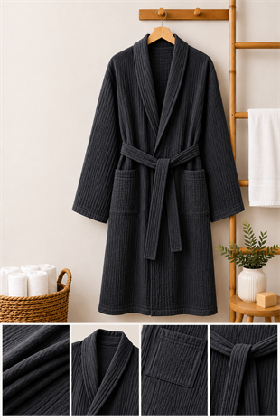 ÇetHome Antrasit Renk Kemerli Unisex %100 Pamuklu Müslin Kumaş Bornoz